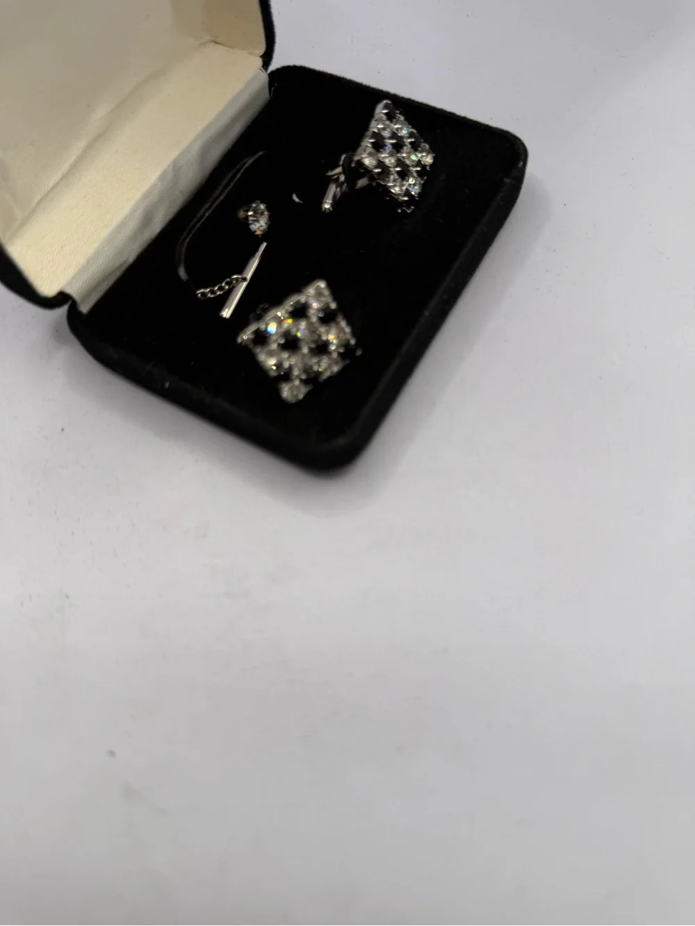 Mens Square Black and  Clear Topaz Cufflinks Ti Tack  - Sparkling White Stones